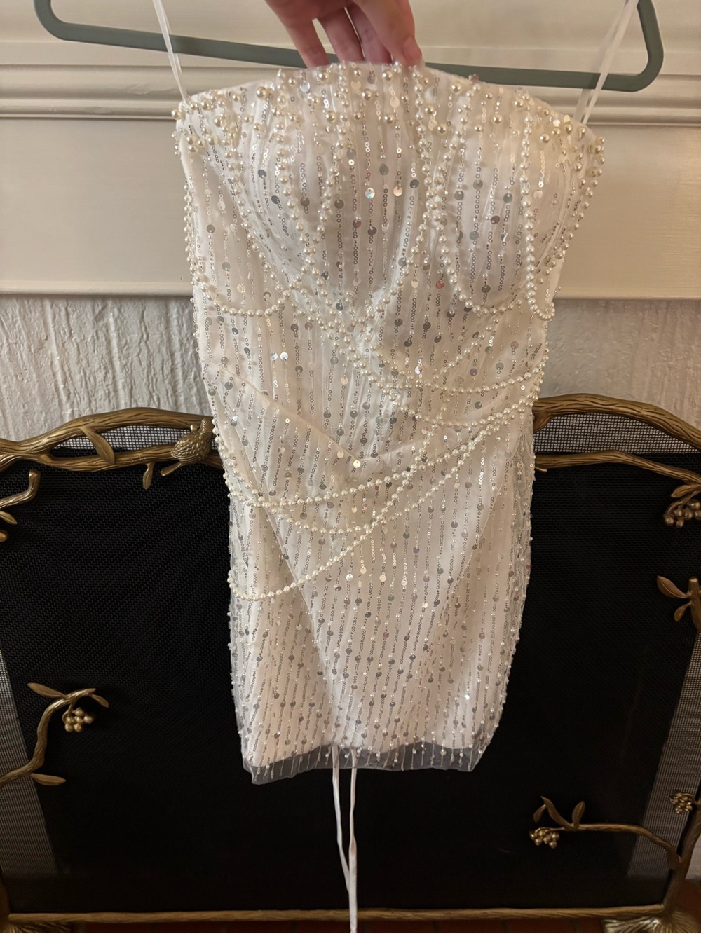 Strapless Pearl & Sequin White Mini Dress